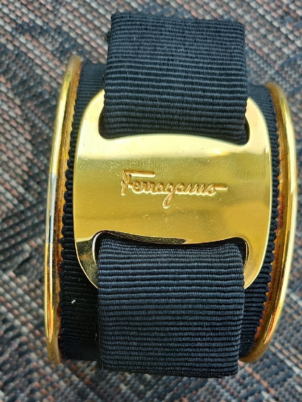 Salvatore Ferragamo Black Ribbon Cuff with Gold Hardware - Picture 3 of 8